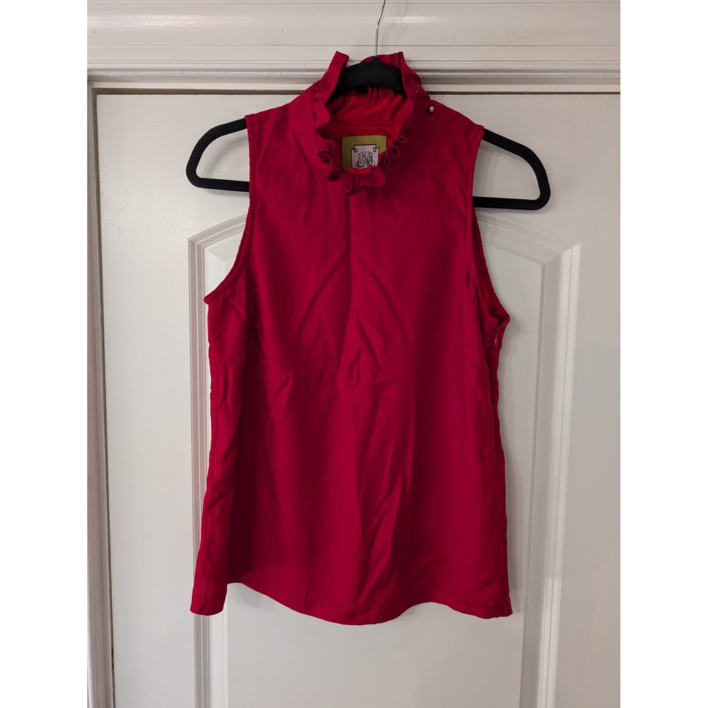 Elizabeth McKay Red 100% Silk Ruffle Neck Sleeveless Blouse Top Size 2 modern